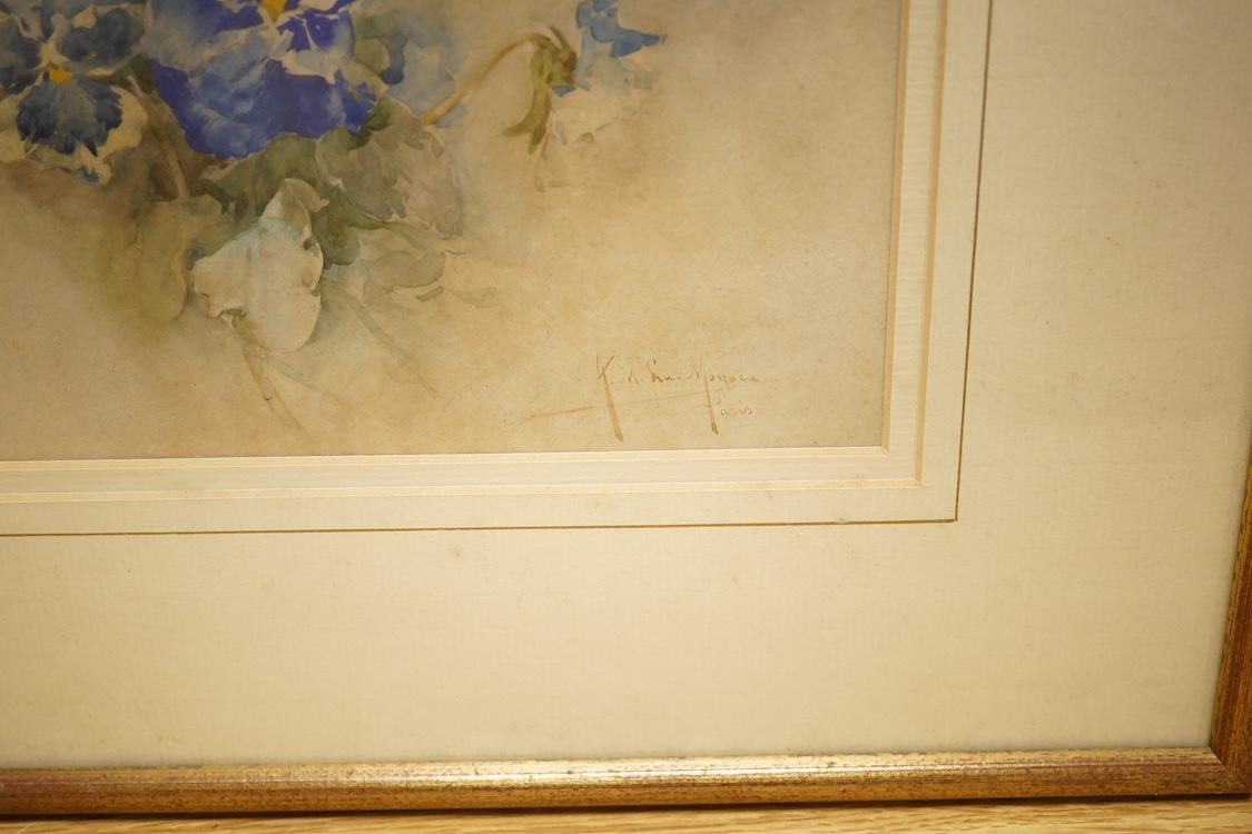 French School, 19th century, A study of an elegant woman and flowers, indistinctly signed lower right, watercolour, 38 x 25cm